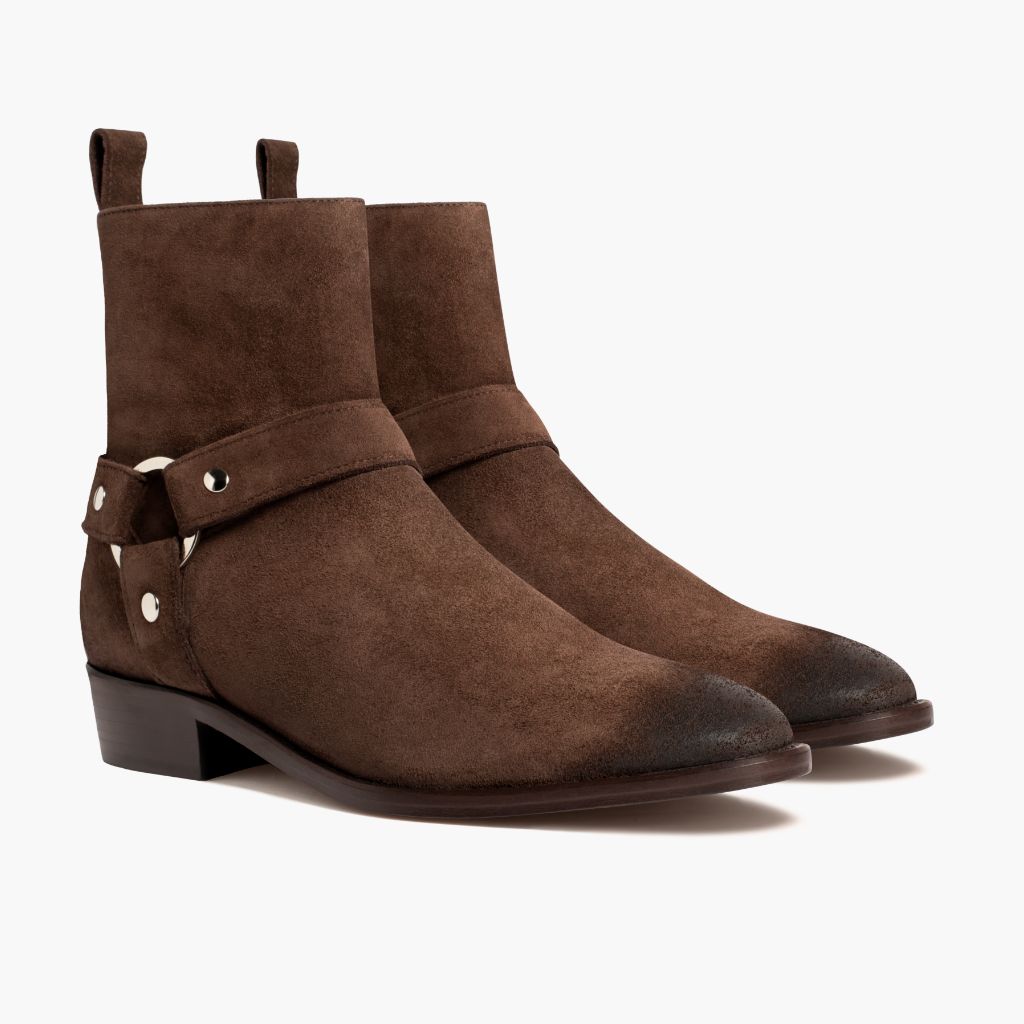 Harness Dark 复古棕 Suede 真皮工装靴马丁靴 男士 in Dark Brown Goatskin Suede - 侧面轮廓视角 | 官方商城选购