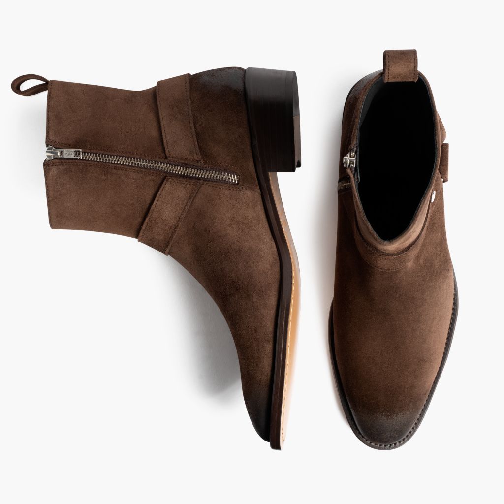 Harness Dark 复古棕 Suede 真皮工装靴马丁靴 男士 - 加固鞋跟护壁与高密度双排走线细节