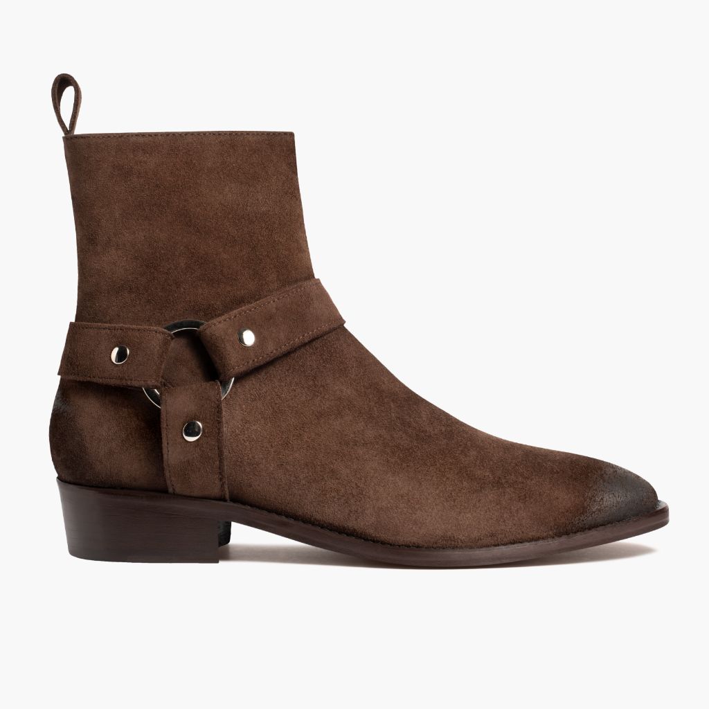 Dark Brown Goatskin Suede Leather Boots - 固特异沿条缝制工艺与鞋头细节