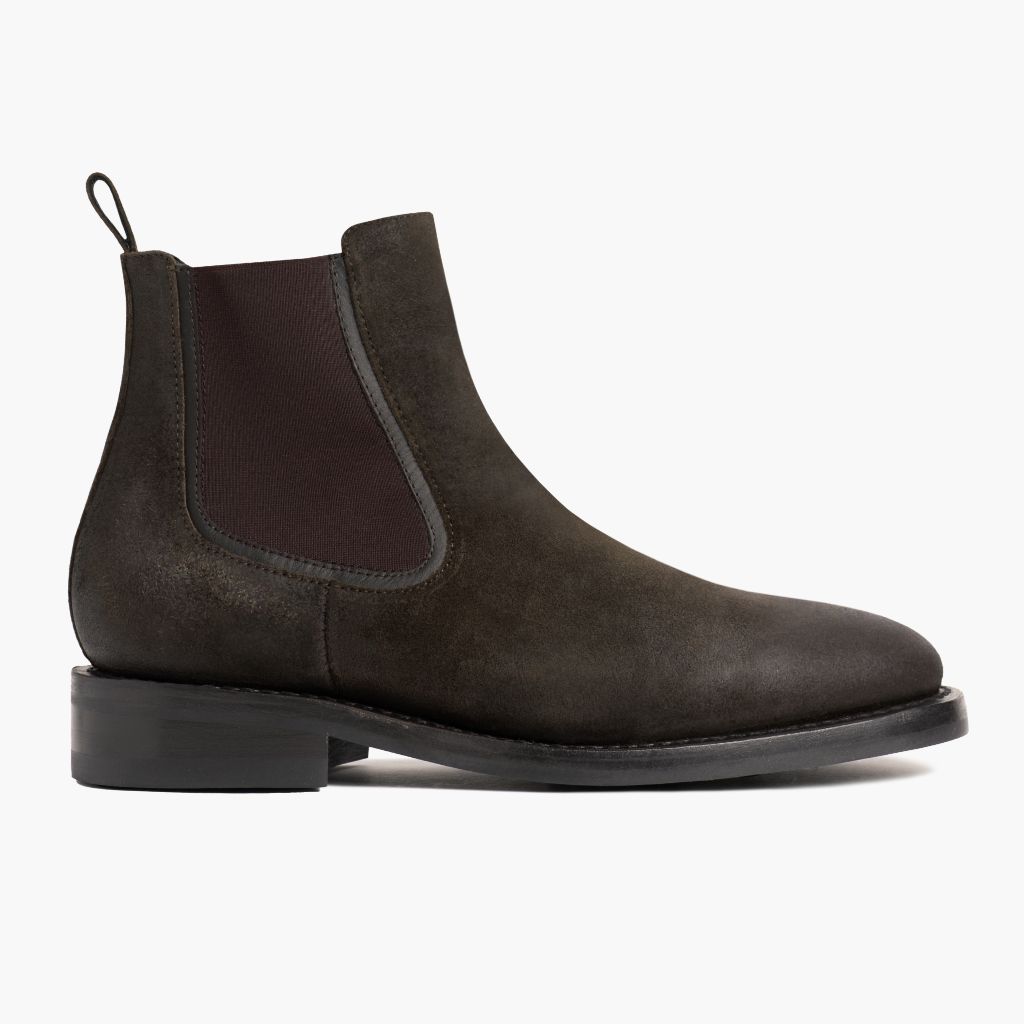Olive Goatskin Suede Leather Boots - 固特异沿条缝制工艺与鞋头细节