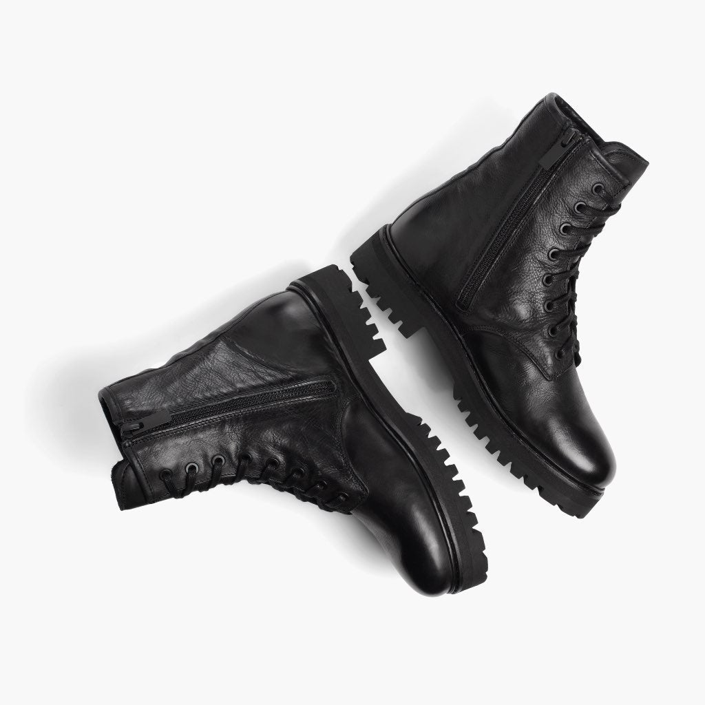 High-Traction Rubber Outsole & Lug Tread Pattern on Combat 经典黑 真皮工装靴马丁靴 女士