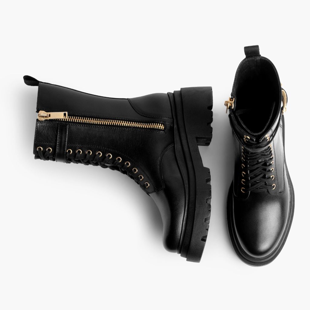 High-Traction Rubber Outsole & Lug Tread Pattern on Fatale 经典黑 & Gold 真皮工装靴马丁靴 女士