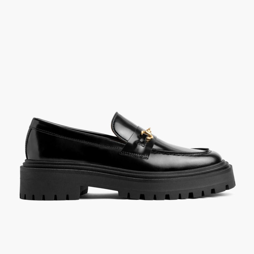 Penny Platform 黑色 & Gold Leather Loafers 女士