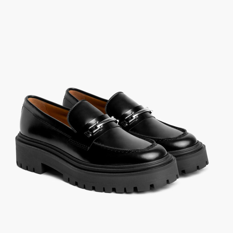 Penny Platform 黑色 & Silver Leather Loafers 女士