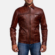 Men's Abstract Maroon 真皮夹克 男士 in Distressed Brown Sheep Skin Burnishing - Front Profile View &amp; Tailored Silhouette | Buy Online