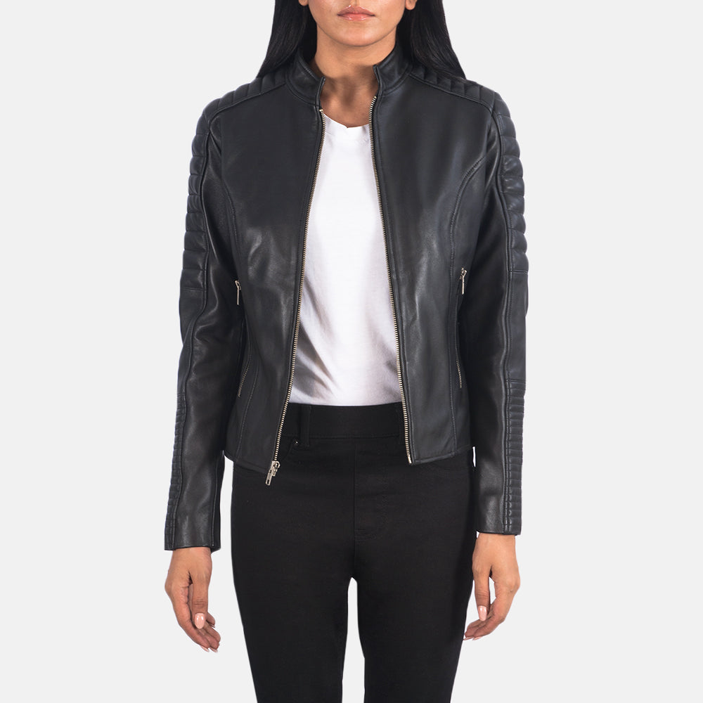 Women's Adalyn Quilted 黑色 真皮机车夹克 女士 in Black Sheepskin Leather - Front Profile View &amp; Tailored Silhouette | Buy Online