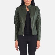 
Adalyn 菱格压线 墨绿色 真皮机车皮衣 女士 in Green Sheepskin Leather - 正面版型与定制立体剪裁轮廓 | 官方商城选购