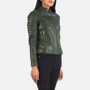 
Green Sheepskin Leather Biker Jacket - 展现肩线贴合与利落下摆的背部视角