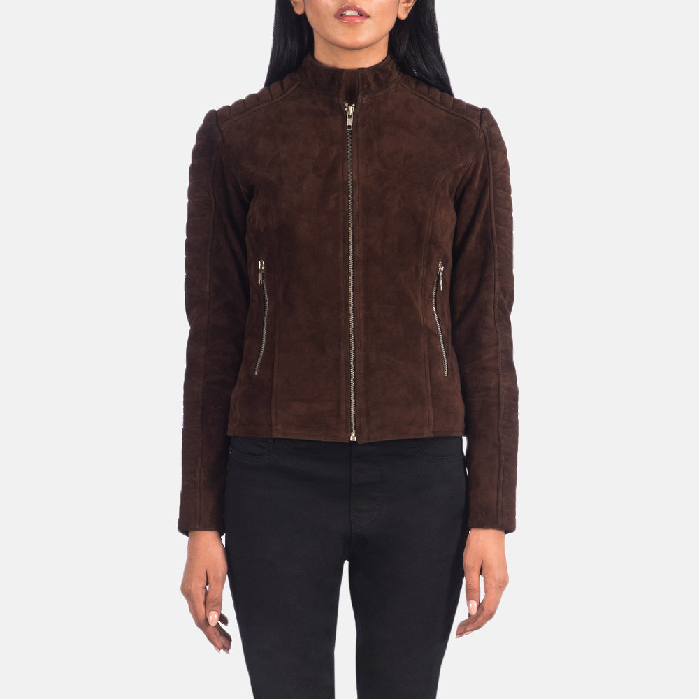 
Adalyn 菱格压线 Mocha Suede 真皮机车皮衣 女士 in Mocha Brown Goatskin Suede - 正面版型与定制立体剪裁轮廓 | 官方商城选购