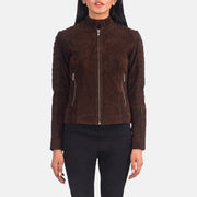 
Adalyn 菱格压线 Mocha Suede 真皮机车皮衣 女士 in Mocha Brown Goatskin Suede - 正面版型与定制立体剪裁轮廓 | 官方商城选购