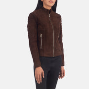 
Mocha Brown Goatskin Suede Biker Jacket - 展现肩线贴合与利落下摆的背部视角
