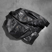 Rib knit &amp; Hem Craftsmanship Construction Detail on Men's Agent Shadow 黑色 真皮飞行员夹克 男士