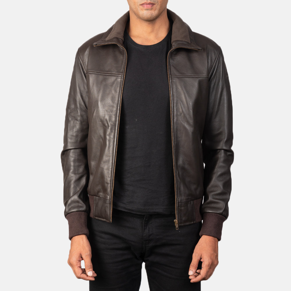 Men's Air Rolf Mocha Brown Leather Bomber Jacket in Dark Brown Sheepskin Leather - Front Profile View &amp; Tailored Silhouette | Buy Online