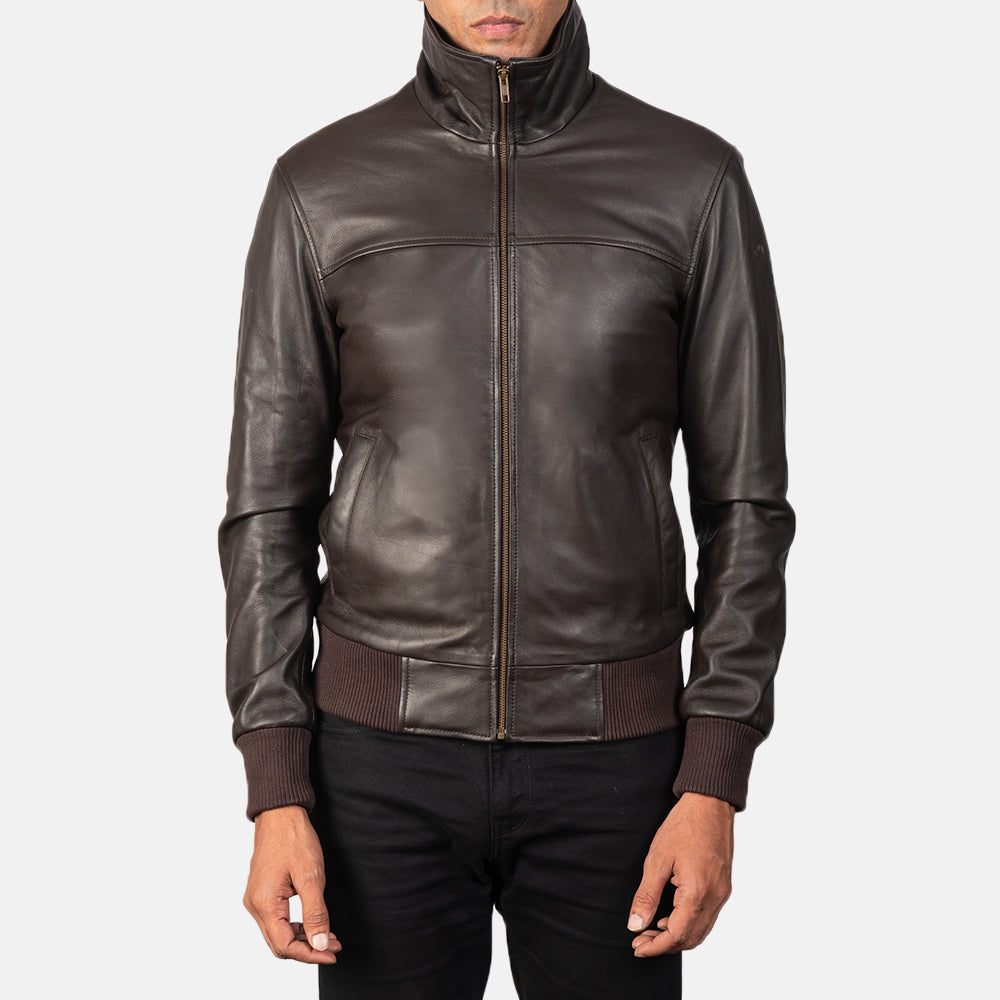 Men's Air Rolf Mocha Brown Leather Bomber Jacket - Lateral Side Profile View Showing Sleeve Cut &amp; Athletic Taper Fit
