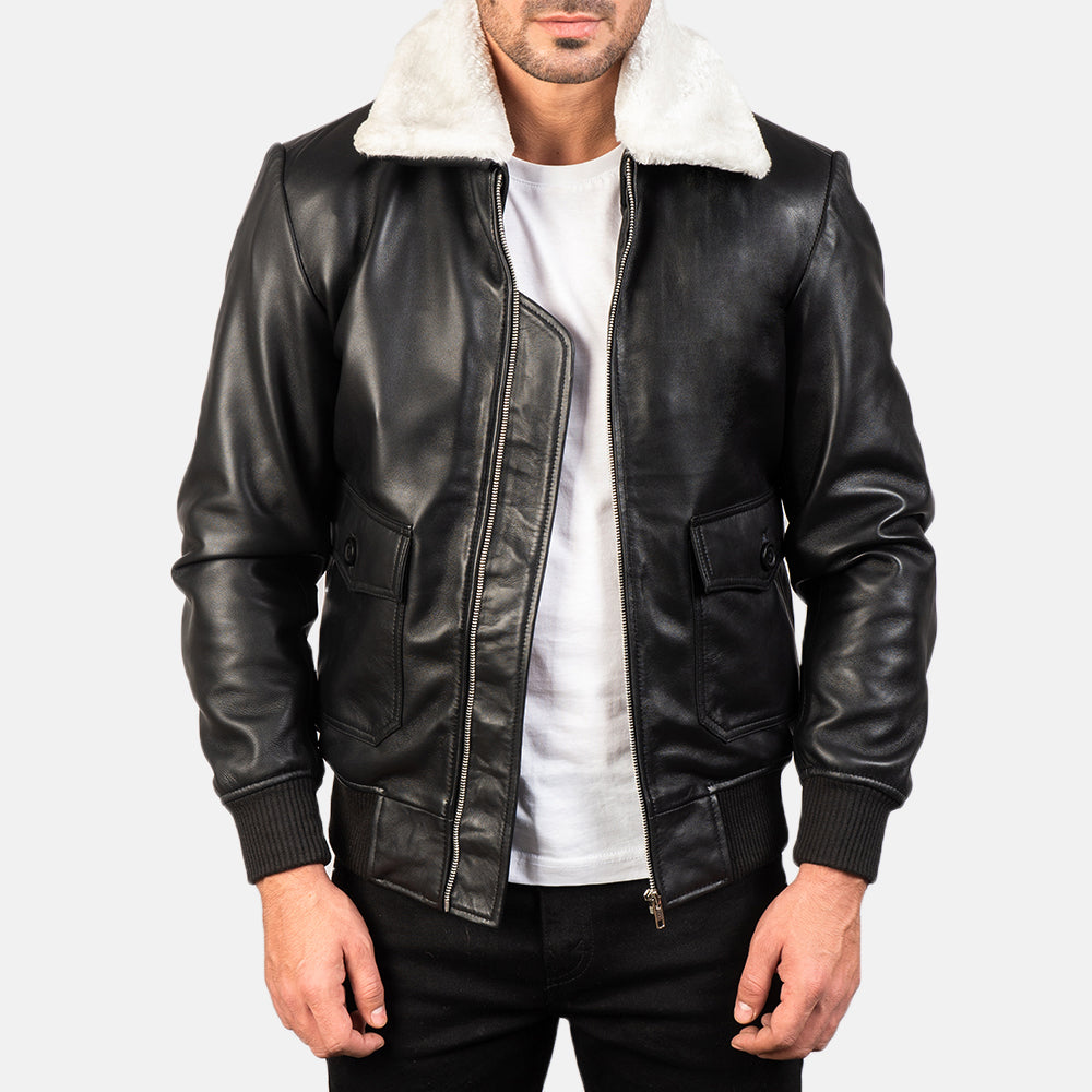 
Airin G-1 Black & White Leather Bomber Jacket in Black Sheepskin Leather - 正面版型与定制立体剪裁轮廓 | 官方商城选购