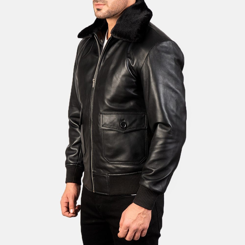 Black Sheepskin Leather Bomber Jacket - Back View Showing Tailored Shoulder Fit & Clean Hemline