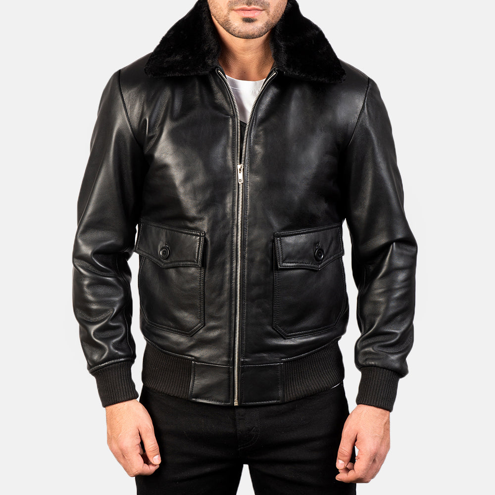 
细节特写 of Shirt with Removable Fur & Zipper Hardware on Airin G-1 经典黑 真皮飞行员夹克 男士