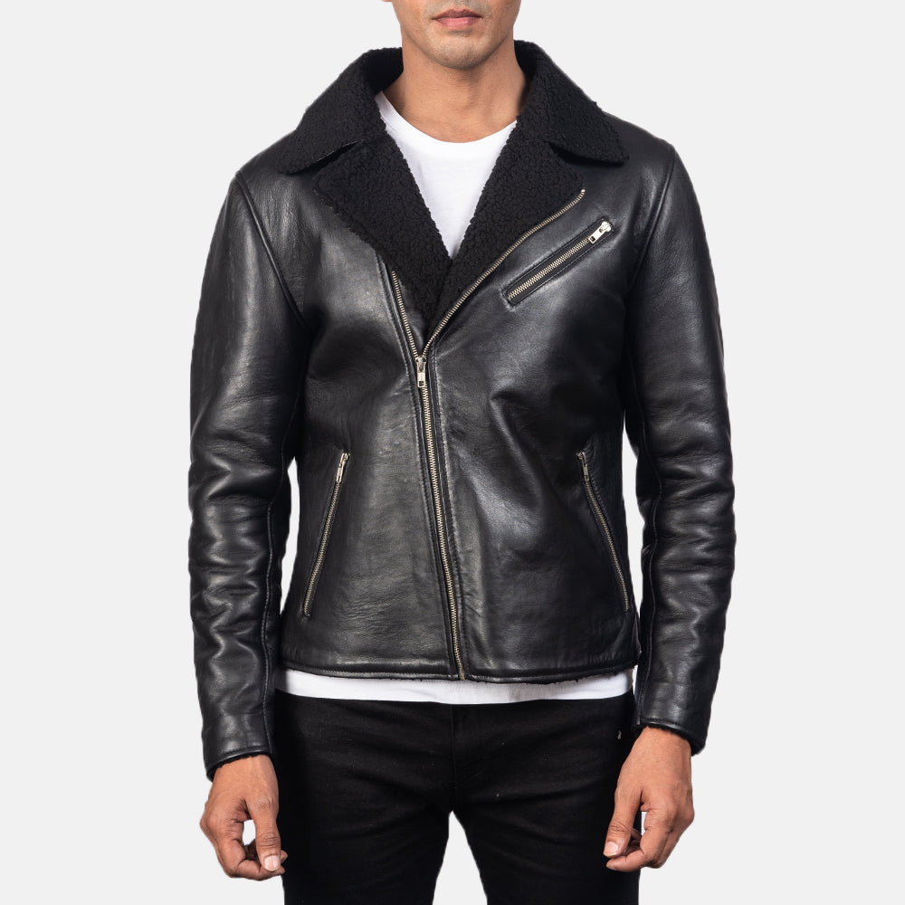 Men's Alberto Shearling 黑色 真皮夹克 男士 - Lateral Side Profile View Showing Sleeve Cut &amp; Athletic Taper Fit