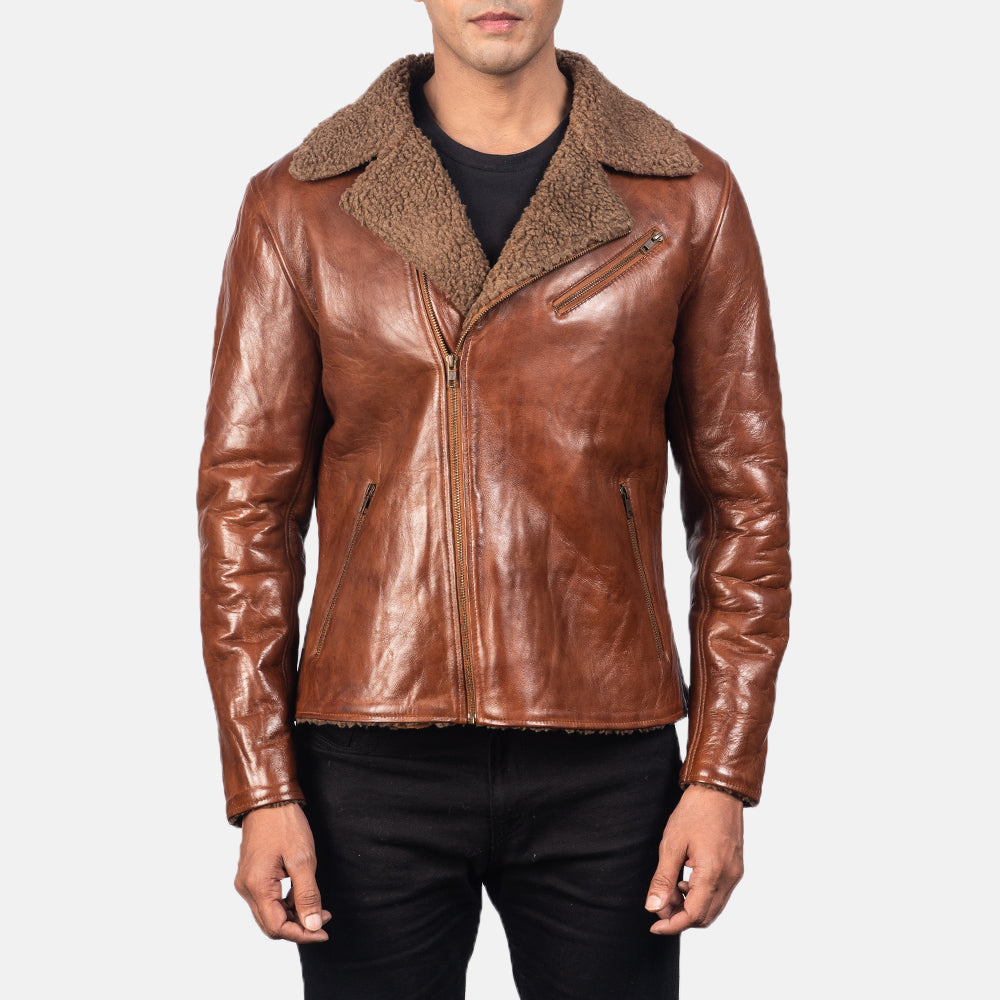 Men's Alberto Shearling 棕色 真皮夹克 男士 - Lateral Side Profile View Showing Sleeve Cut &amp; Athletic Taper Fit