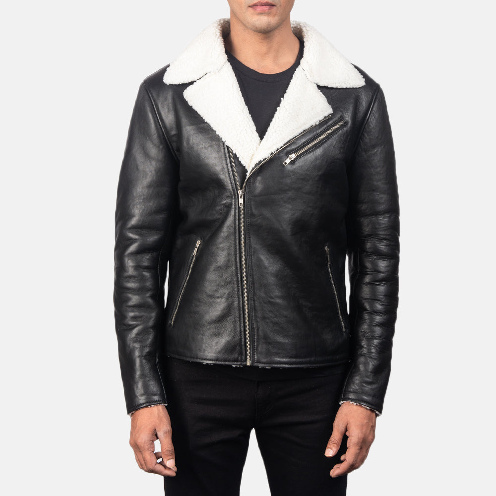 Men's Alberto White Shearling 黑色 真皮夹克 男士 - Lateral Side Profile View Showing Sleeve Cut &amp; Athletic Taper Fit