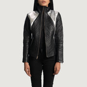 Women's Alia Metallic Black Leather Biker Jacket in Black Sheepskin Leather - Front Profile View & Tailored Silhouette | Buy Online