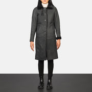 Women's Alina Shearling 黑色 真皮大衣 女士 in Distressed Black Sheepskin Leather - Front Profile View &amp; Tailored Silhouette | Buy Online