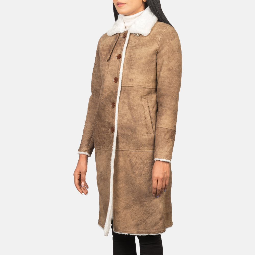 Women's Alina Shearling 棕色 真皮大衣 女士 in Distressed Brown Sheepskin Leather - Front Profile View &amp; Tailored Silhouette | Buy Online
