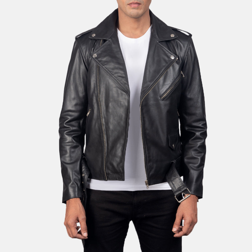 
Allaric Alley Black Leather Biker Jacket in Black Cowhide Leather - 正面版型与定制立体剪裁轮廓 | 官方商城选购