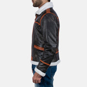 Close-Up Detail of High neck with Belt &amp; Zipper Hardware on Men's Alpine 棕色 Fur 真皮夹克 男士