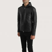 
Matte Black Sheepskin Leather Hooded Jacket - 展现肩线贴合与利落下摆的背部视角