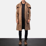 Men's Army 棕色 Leather Duster 男士 in Distressed Brown Sheepskin Snuffed - Front Profile View &amp; Tailored Silhouette | Buy Online