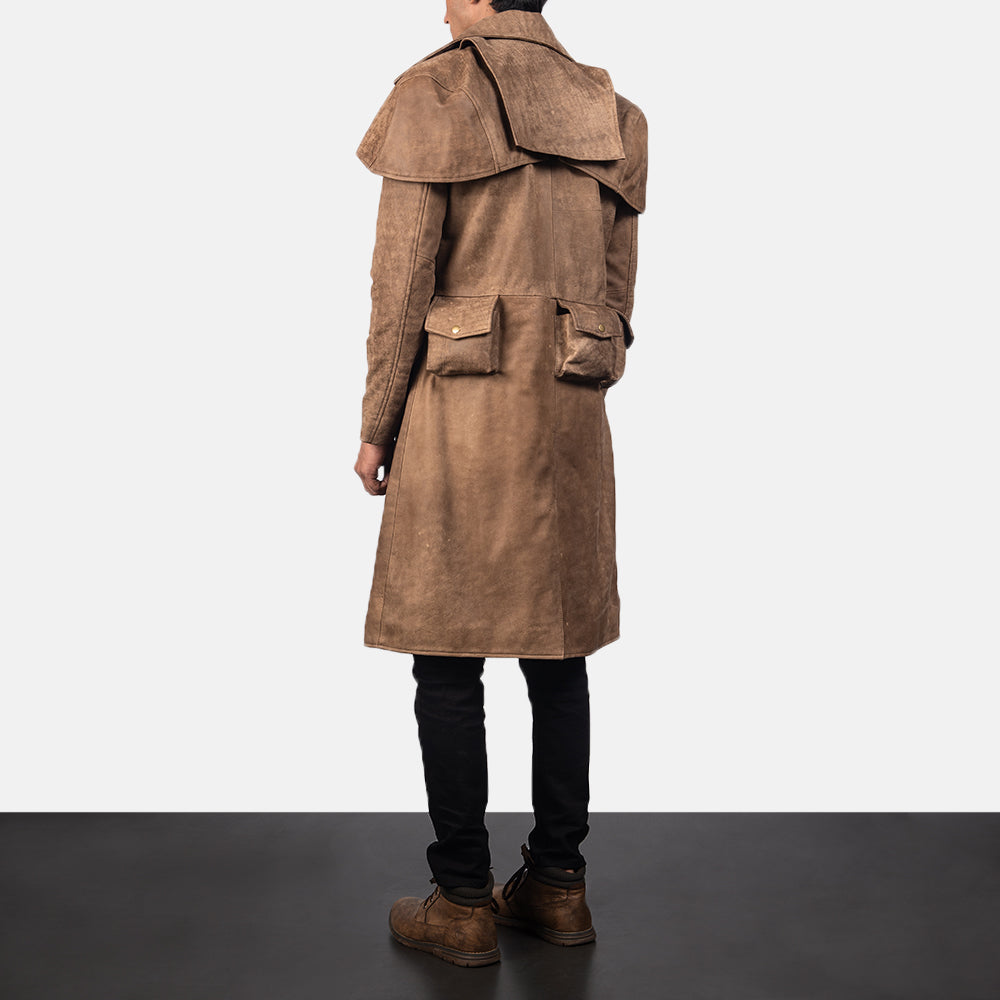 Men's Army 棕色 Leather Duster 男士 - Lateral Side Profile View Showing Sleeve Cut &amp; Athletic Taper Fit