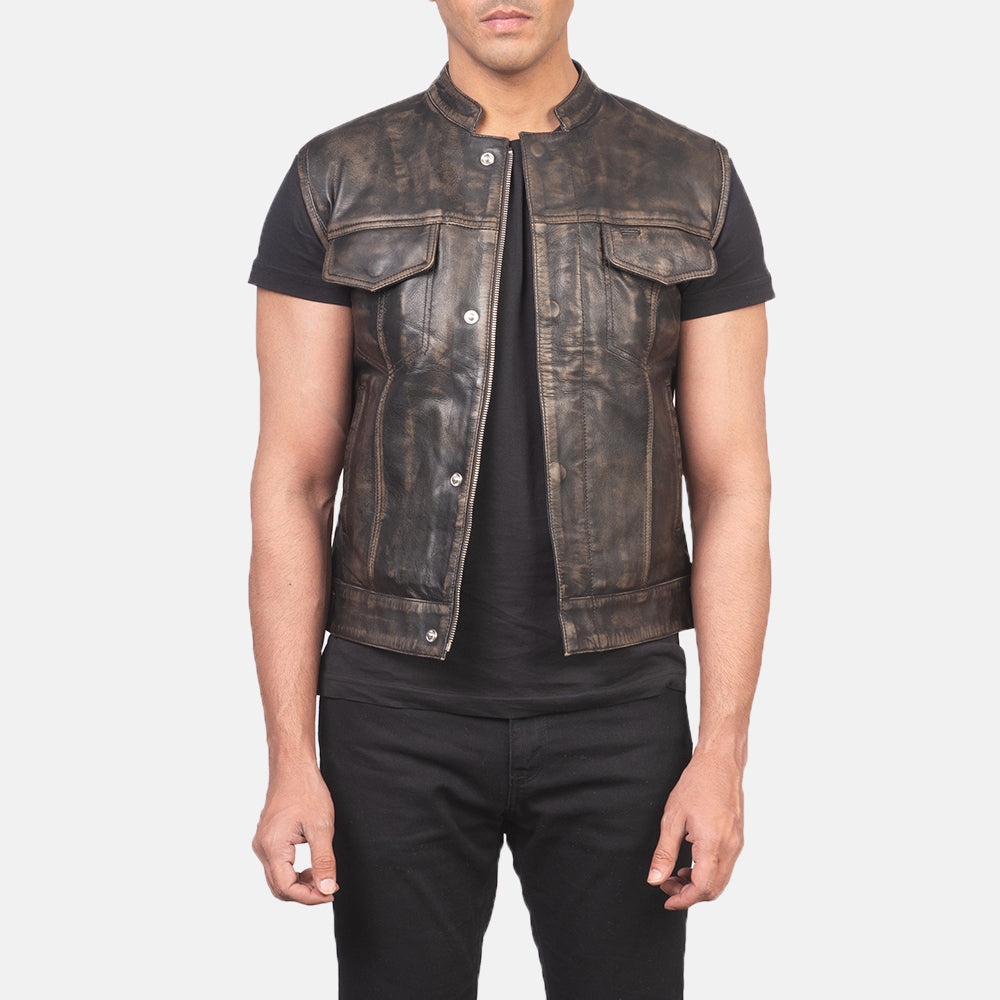 
Atlas Moto Distressed 复古棕 真皮马甲 男士 in Distressed Brown Sheepskin Leather - 正面版型与定制立体剪裁轮廓 | 官方商城选购