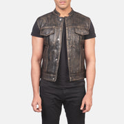 
Atlas Moto Distressed 复古棕 真皮马甲 男士 in Distressed Brown Sheepskin Leather - 正面版型与定制立体剪裁轮廓 | 官方商城选购