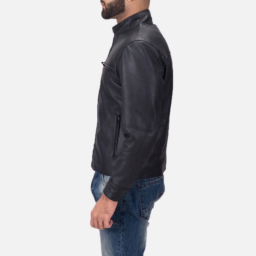 Austere Matte 黑色 真皮机车夹克 男士 - Lateral Side Profile View Showing Sleeve Cut &amp; Athletic Taper Fit