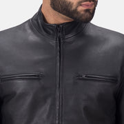 Close-Up Detail of High neck &amp; Zipper Hardware on Austere Matte 黑色 真皮机车夹克 男士