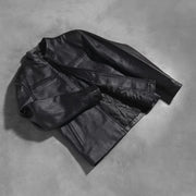 Styled Fit Perspective of Austere Matte 黑色 真皮机车夹克 男士 on Model - Natural Daylight Drape