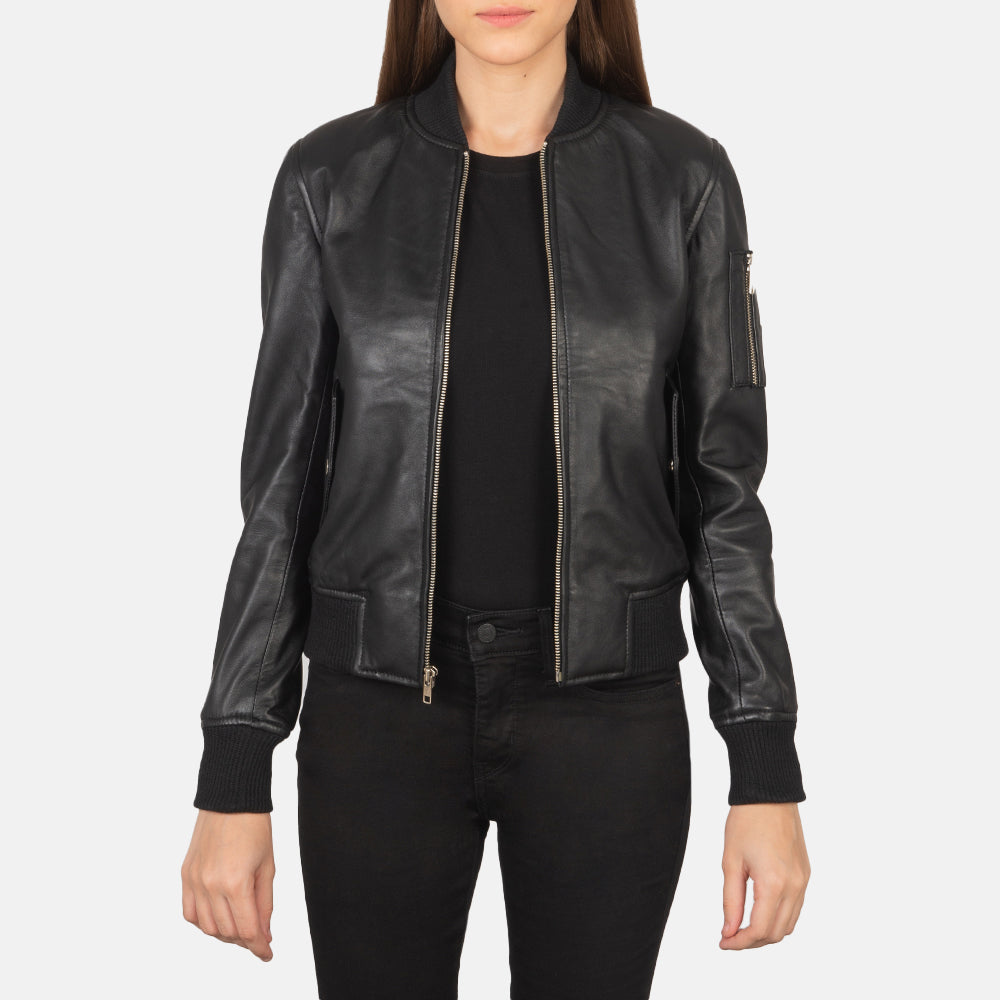 
Ava Ma-1 Black Leather Bomber Jacket in Black Sheepskin Leather - 正面版型与定制立体剪裁轮廓 | 官方商城选购