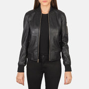 
Ava Ma-1 Black Leather Bomber Jacket in Black Sheepskin Leather - 正面版型与定制立体剪裁轮廓 | 官方商城选购