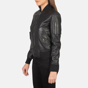 
Black Sheepskin Leather Bomber Jacket - 展现肩线贴合与利落下摆的背部视角