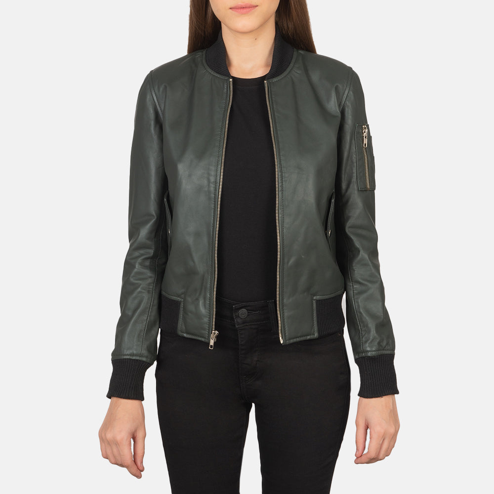 
Ava Ma-1 Green Leather Bomber Jacket in Green Sheepskin Leather - 正面版型与定制立体剪裁轮廓 | 官方商城选购