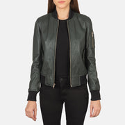 
Ava Ma-1 Green Leather Bomber Jacket in Green Sheepskin Leather - 正面版型与定制立体剪裁轮廓 | 官方商城选购