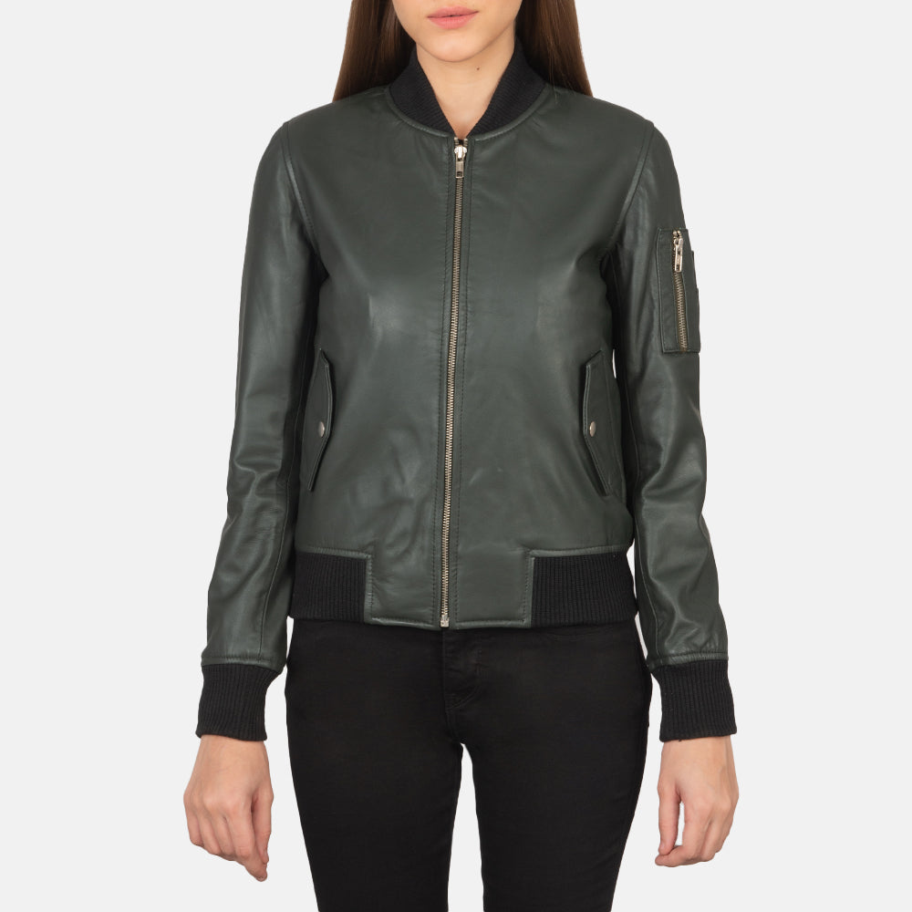 
细节特写 of Rib Knit & Zipper Hardware on Ava Ma-1 Green Leather Bomber Jacket