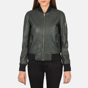 
细节特写 of Rib Knit & Zipper Hardware on Ava Ma-1 Green Leather Bomber Jacket