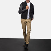 Close-Up Detail of Knit Rib &amp; Zipper Hardware on Men's Blain Brown Suede Bomber Jacket