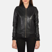 Close-Up Detail of Varsity - Rib Knit &amp; Zipper with Wind Flap Hardware on Women's Bliss 黑色 真皮飞行员夹克 女士
