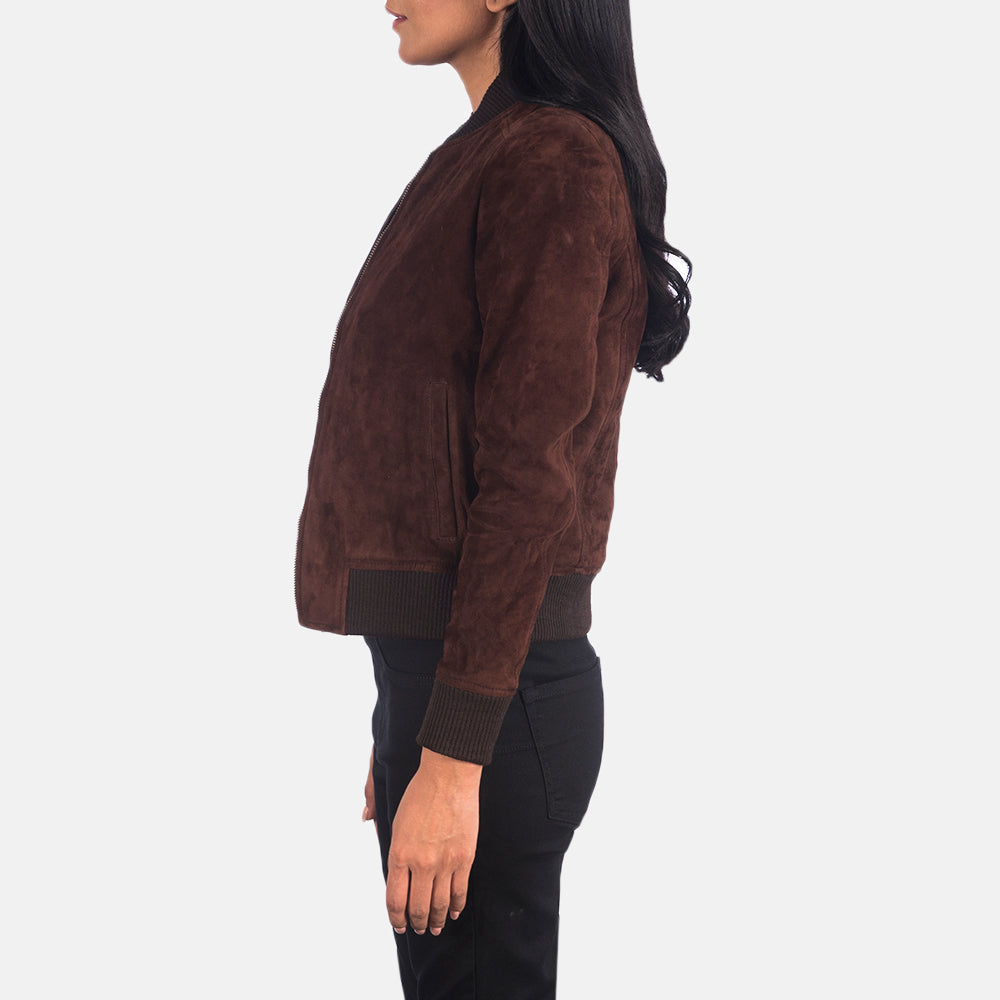 
Brown Goatskin Suede Bomber Jacket - 展现肩线贴合与利落下摆的背部视角