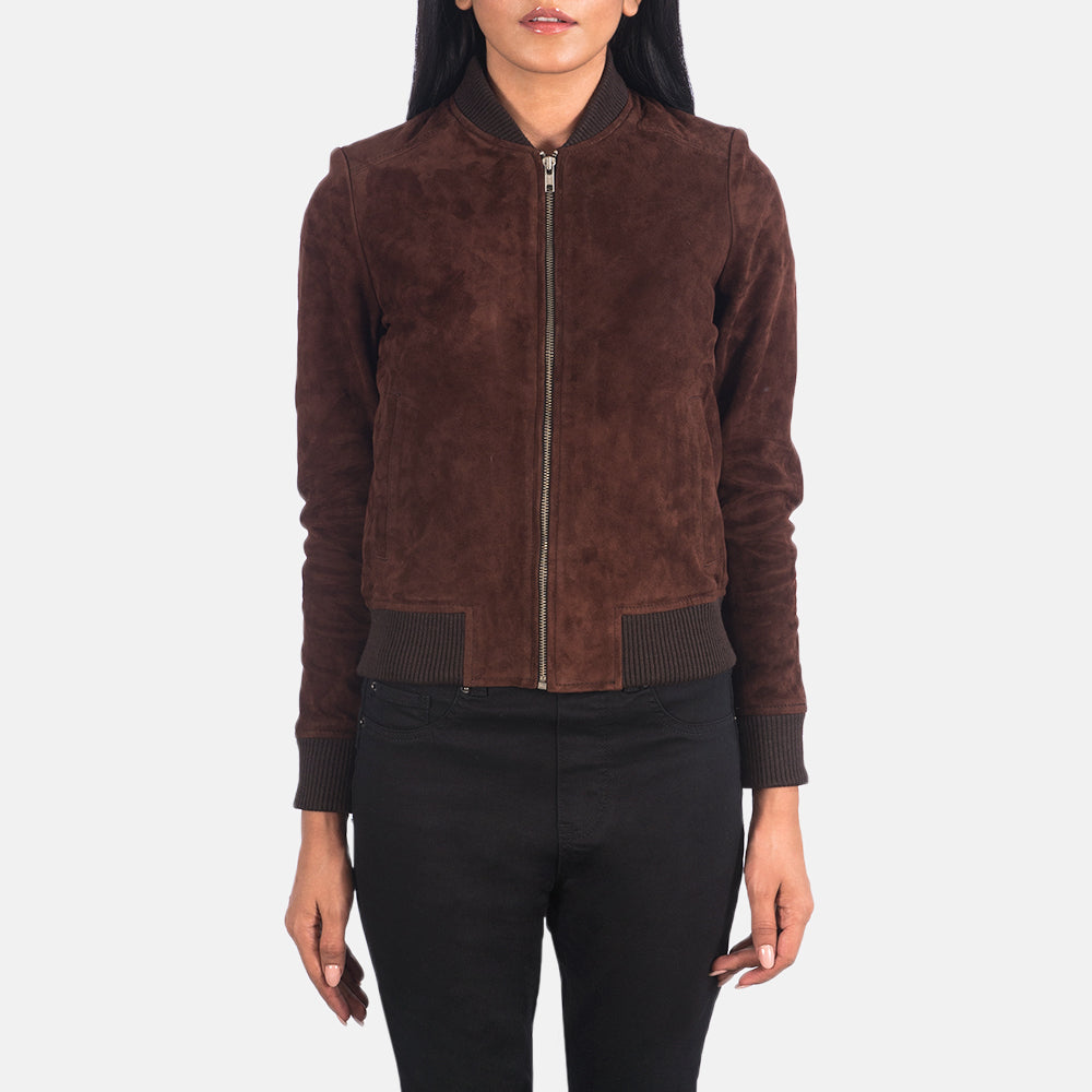 
细节特写 of Varsity - Rib Knit & Zipper with Wind Flap Hardware on Bliss 复古棕 Suede 真皮飞行员夹克 女士