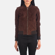 
细节特写 of Varsity - Rib Knit & Zipper with Wind Flap Hardware on Bliss 复古棕 Suede 真皮飞行员夹克 女士
