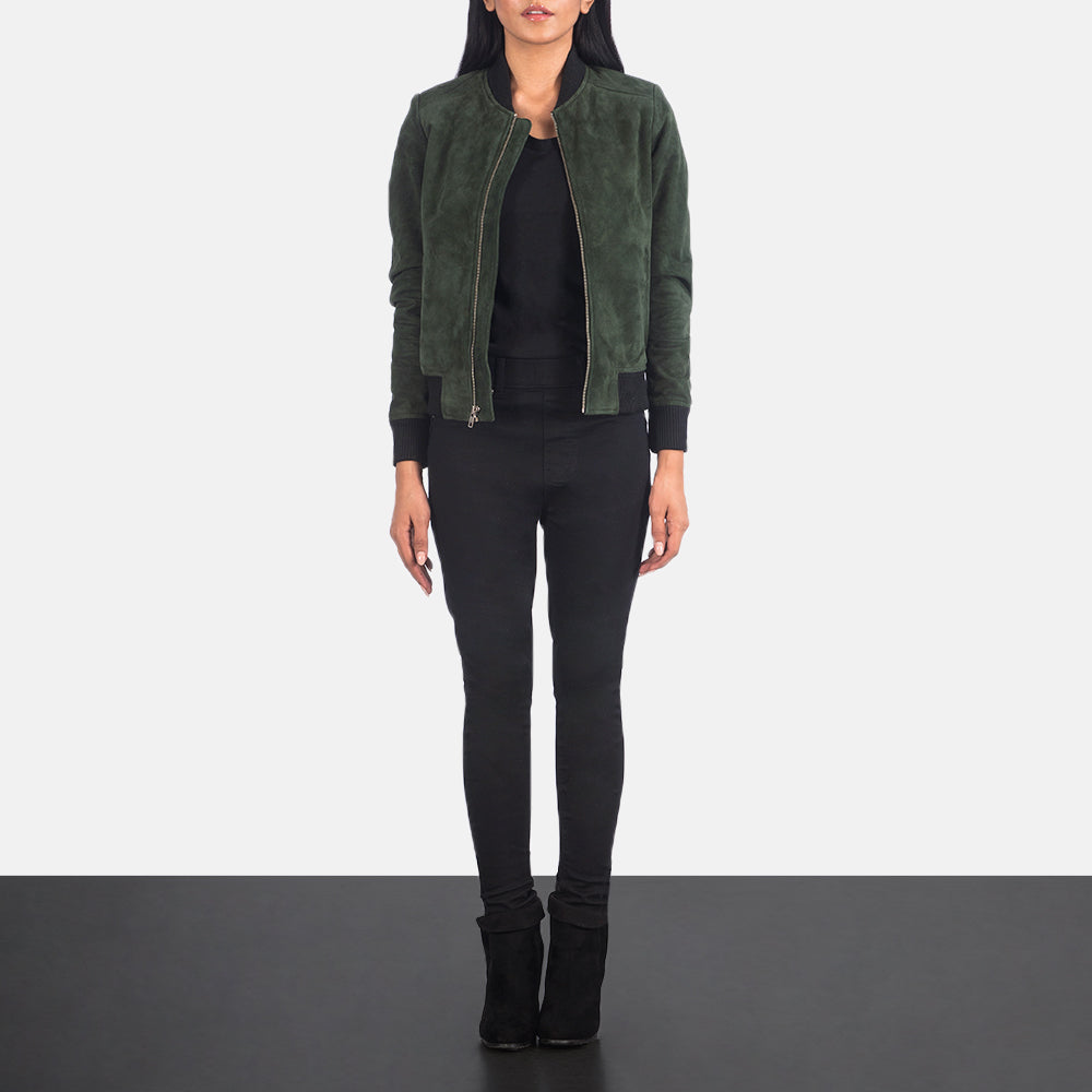 Women's Bliss Green Suede 真皮飞行员夹克 女士 - Lateral Side Profile View Showing Sleeve Cut &amp; Athletic Taper Fit